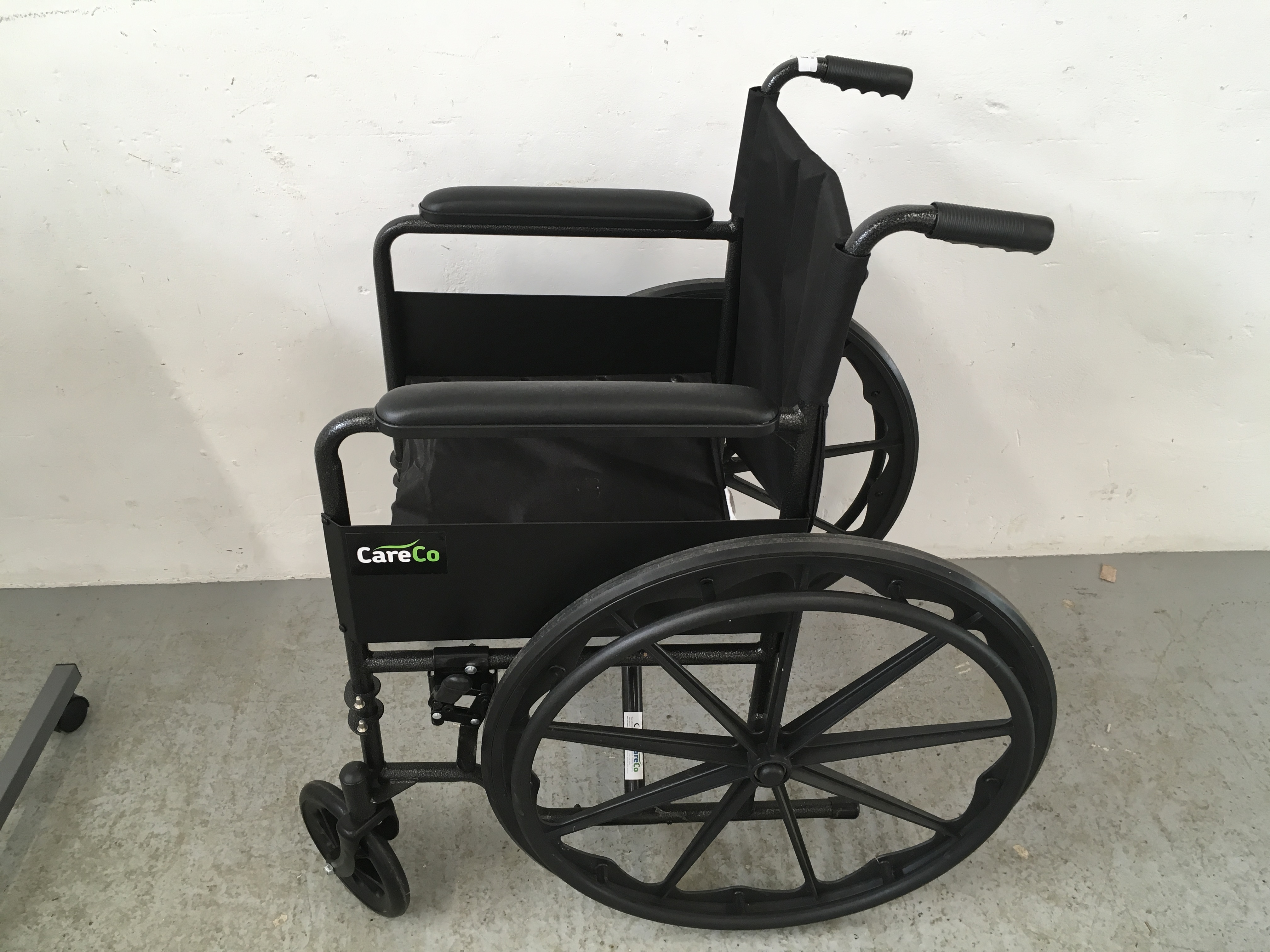 CARE CO WHEEL CHAIR AND FOOT RESTS ALONG WITH A WHEELED BED TRAY - Image 6 of 9