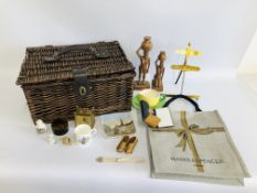 M & S BASKET AND BAG WITH CARVED NIGERIAN FIGURE, CARRIAGE CLOCK, BRASS EASEL, CARLTON WARE,