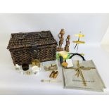 M & S BASKET AND BAG WITH CARVED NIGERIAN FIGURE, CARRIAGE CLOCK, BRASS EASEL, CARLTON WARE,