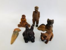 COLLECTION OF MINIATURE HARDWOOD FIGURES ALONG WITH A NETSUKE MONKEY, ETC.