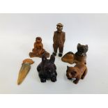 COLLECTION OF MINIATURE HARDWOOD FIGURES ALONG WITH A NETSUKE MONKEY, ETC.