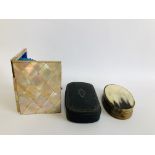 A MOTHER OF PEARL CARD CASE (REQUIRES ATTENTION), C19TH OVAL HORN BOX,