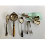 TWO STILTON SCOOPS, ONE SILVER, ONE PLATED, SILVER BUTTER KNIFE, SILVER TONGS, SILVER STRAINER,