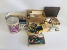 COLLECTION OF VINTAGE SEWING ACCESSORIES TO INCLUDE VARIOUS BUTTONS, COTTON REELS, PATTERNS, ETC.