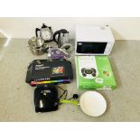 A COOKWORKS MICROWAVE OVEN, A GEORGE FORMAN GRILL, A MORPHY RICHARDS STEAM IRON,