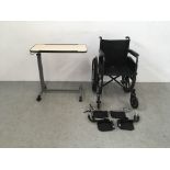 CARE CO WHEEL CHAIR AND FOOT RESTS ALONG WITH A WHEELED BED TRAY