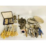 BOX OF ASSORTED SILVER PLATED WARE TO INCLUDE CHAMBER STICKS, PAIR OF CANDLE STICKS,