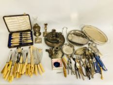 BOX OF ASSORTED SILVER PLATED WARE TO INCLUDE CHAMBER STICKS, PAIR OF CANDLE STICKS,