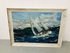 A FRAMED OIL ON CANVAS "SAILING SCENE" BEARING SIGNATURE. W 90CM. H 62CM.