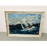 A FRAMED OIL ON CANVAS "SAILING SCENE" BEARING SIGNATURE. W 90CM. H 62CM.