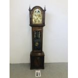A REPRODUCTION OAK LONG CASED CLOCK, THE PENDULUM DOOR WITH LEADED GLASS PANEL,