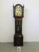 A REPRODUCTION OAK LONG CASED CLOCK, THE PENDULUM DOOR WITH LEADED GLASS PANEL,