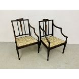 A PAIR OF ANTIQUE MAHOGANY OPEN ARMCHAIRS ON SQUARE TAPERED LEG