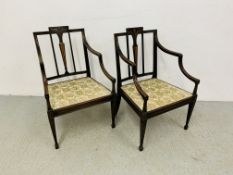 A PAIR OF ANTIQUE MAHOGANY OPEN ARMCHAIRS ON SQUARE TAPERED LEG