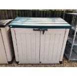 A KETER PLASTIC GARDEN STORAGE BOX W 145CM, D 83CM,