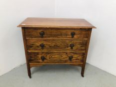 A SOLID OAK THREE DRAWER CHEST W 91CM, D 46CM,