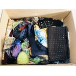 A BOX CONTAINING A LARGE QUANTITY OF SILK SCARVES TO INCLUDE DESIGNER BRANDS, ETC.
