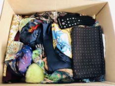 A BOX CONTAINING A LARGE QUANTITY OF SILK SCARVES TO INCLUDE DESIGNER BRANDS, ETC.