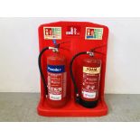 A TWIN FIRE EXTINGUISHER STAND COMPLETE WITH FOAM AND POWDER EXTINGUISHERS (REQUIRES