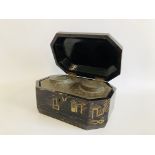 PERIOD ORIENTAL LACQUERED TEA CADDY WITH ORIGINAL PEWTER LINERS H 8.5CM. D 12CM. W 19CM.