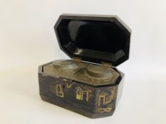 PERIOD ORIENTAL LACQUERED TEA CADDY WITH ORIGINAL PEWTER LINERS H 8.5CM. D 12CM. W 19CM.