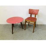 1960'S RED FORMICA TOP OCCASIONAL TRIPOD TABLE AND SINGLE 1960'S BEECHWOOD KITCHEN CHAIR