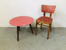 1960'S RED FORMICA TOP OCCASIONAL TRIPOD TABLE AND SINGLE 1960'S BEECHWOOD KITCHEN CHAIR