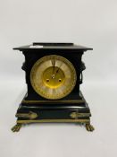 A SLATE MANTEL TIME PIECE, EIGHT DAY MOVEMENT STRIKING ON A BELL,