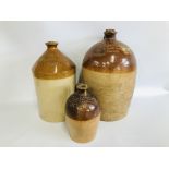 3 X VINTAGE STONE WARE FLAGONS "HARMAN & SONS WINE AND SPIRIT MERCHANTS NORWICH" H 46CM.