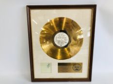 GOLD FRAMED THE WHO "LIVE AT LEEDS" LP RECORD WITH PRESENTATION PLAQUE "PRESENTED TO THE WHO TO