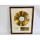 GOLD FRAMED THE WHO "LIVE AT LEEDS" LP RECORD WITH PRESENTATION PLAQUE "PRESENTED TO THE WHO TO