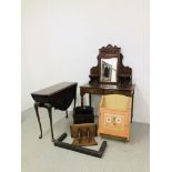 A SMALL EDWARDIAN MAHOGANY DRESSING TABLE, A MAHOGANY GATELEG TABLE, A PAINTED WALL CUPBOARD,