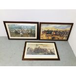 A SET OF THREE FRAMED BATTLE SCENE PRINTS TO INCLUDE "QUATRE BRAS 1815" EACH 74CM. X 38CM.