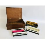 VINTAGE MAHOGANY BOX TO INCLUDE A COLLECTION OF VINTAGE FOUNTAIN PENS TO INCLUDE WATERMANS, FABER,