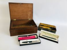 VINTAGE MAHOGANY BOX TO INCLUDE A COLLECTION OF VINTAGE FOUNTAIN PENS TO INCLUDE WATERMANS, FABER,