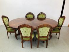 A SET OF SIX REPRODUCTION GREEN VELOUR UPHOLSTERED DINING CHAIRS (4 SIDE,