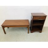 A REPRODUCTION MAHOGANY FINISH COFFEE TABLE AND A ONE DRAWER OVER SHELF BOOK CASE ( DRAWER 49CM.