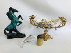 CONTINENTAL TWO HANDLED CENTRE PIECE, POOLE POTTERY STYLE GALLOPING HORSE,