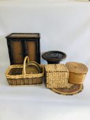 COLLECTION OF WICKER AND SEAGRASS BASKETS ALONG WITH A SMALL 2 DOOR CABINET, BAMBOO DESIGN H 46CM.