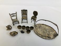 COLLECTION OF MINIATURE DOLLS HOUSE FURNITURE COMPRISING SILVER MINIATURE CHAIR,