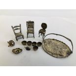 COLLECTION OF MINIATURE DOLLS HOUSE FURNITURE COMPRISING SILVER MINIATURE CHAIR,