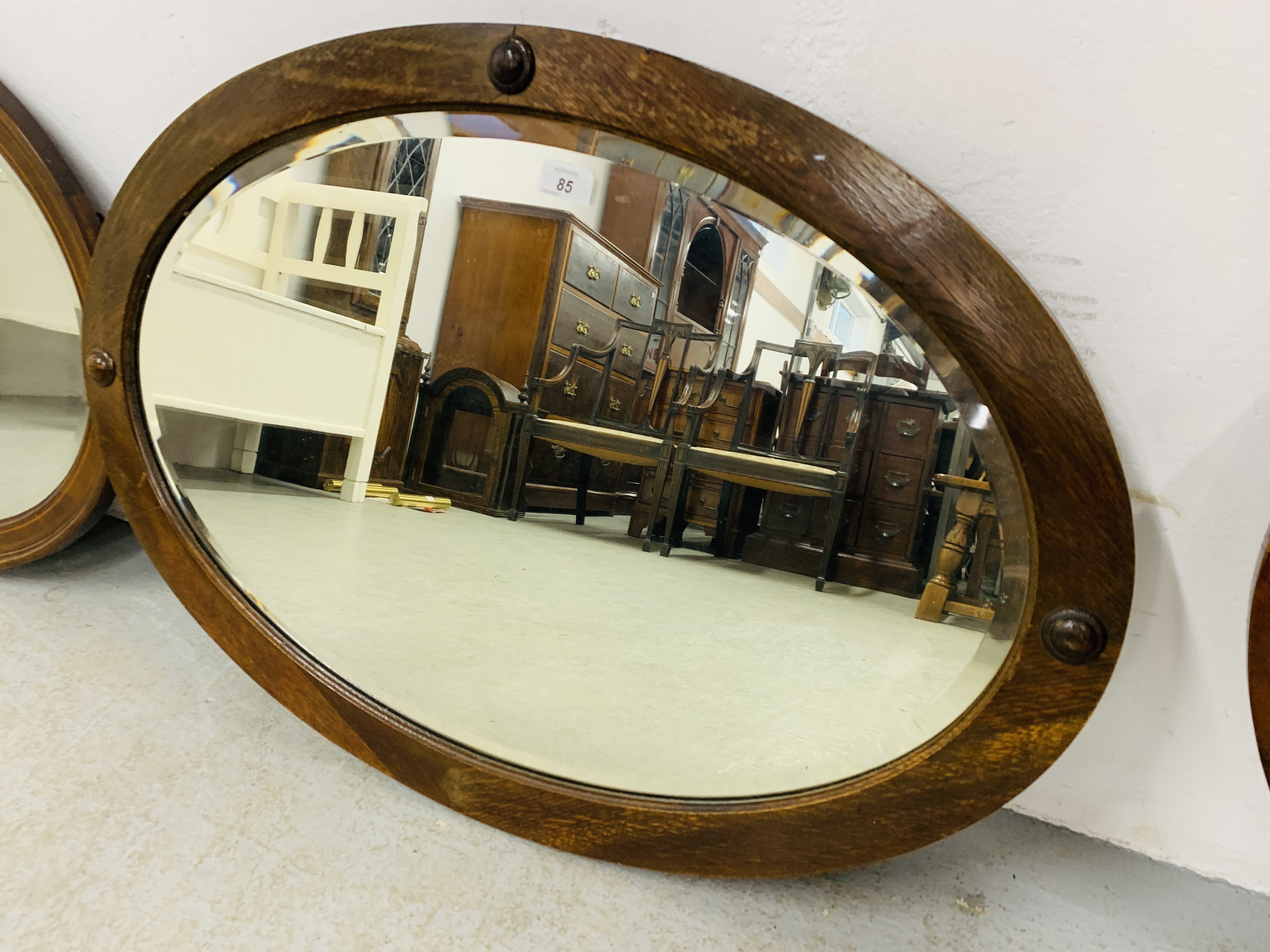 2 X VINTAGE MAHOGANY FRAMED OVAL BEVEL PLATE WALL MIRRORS ALONG WITH AN OVAL OAK FRAMED BEVEL PLATE - Image 3 of 7
