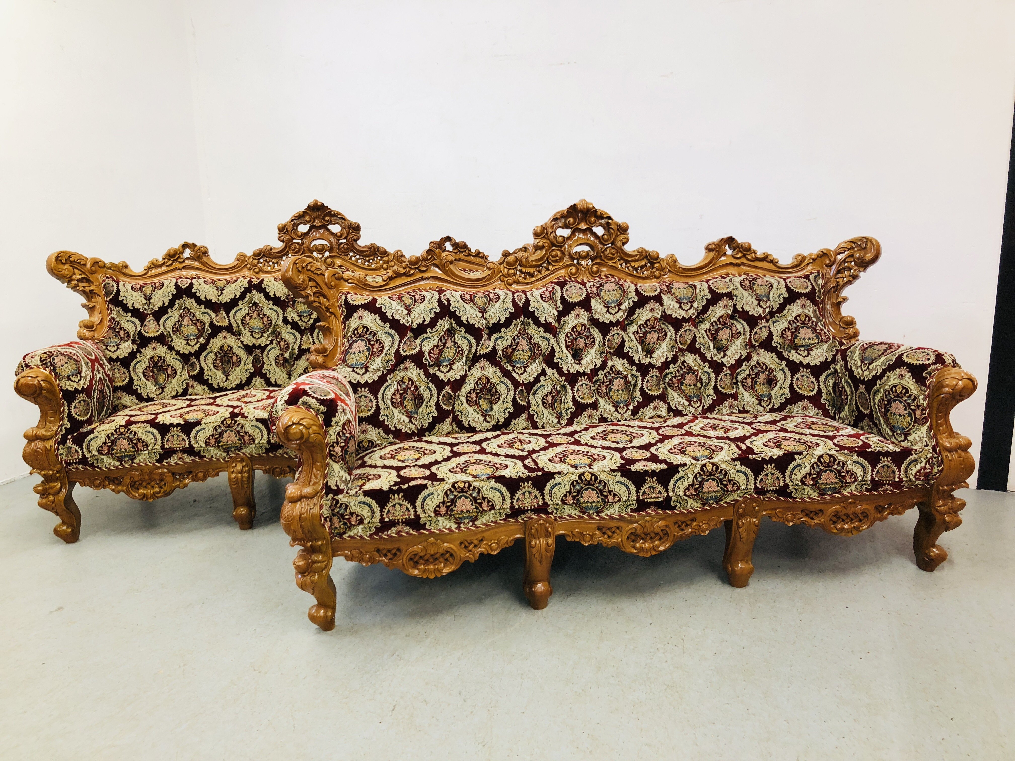 A PAIR OF HIGHLY DECORATIVE REPRODUCTION CONTINENTAL STYLE THREE SEATER COUCHES - NON COMPLIANT