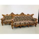 A PAIR OF HIGHLY DECORATIVE REPRODUCTION CONTINENTAL STYLE THREE SEATER COUCHES - NON COMPLIANT
