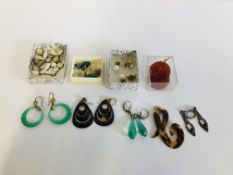 A COLLECTION OF VINTAGE 1960S & 70S STYLE EARRINGS ALONG WITH A PAIR OF 9CT GOLD DOUBLE PEARL STUD