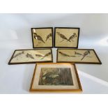 4 X FRAMED WATERCOLOURS IN THE THORBURN STYLE ALONG WITH A FRAMED PASTEL "BITTERNS" BEARING