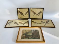 4 X FRAMED WATERCOLOURS IN THE THORBURN STYLE ALONG WITH A FRAMED PASTEL "BITTERNS" BEARING