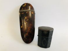 C19TH TORTOISESHELL SPECTACLE CASE ALONG WITH A PERIOD INLAID OCTAGONAL BOX WITH ENGRAVED LID A/F