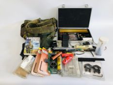 COLLECTION OF SPORTING ACCESSORIES TO INCLUDE CLEANING KIT, BAGS, TOOLS, MOULD, BOOKS,BOW STRING,
