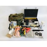 COLLECTION OF SPORTING ACCESSORIES TO INCLUDE CLEANING KIT, BAGS, TOOLS, MOULD, BOOKS,BOW STRING,